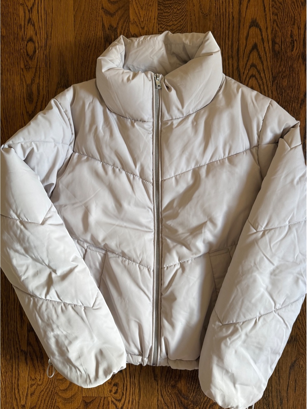H&M Divided Women Puffer Jacket XS Cream High Neck Cropped Drawstring Coat - Picture 2 of 9